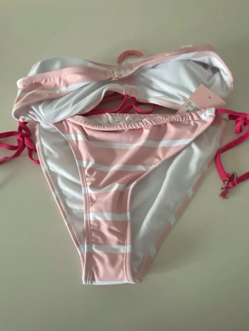 Juicy Couture‎ Ruched Front Bikini Set W/Logo Charms Pink Striped Size XL NEW